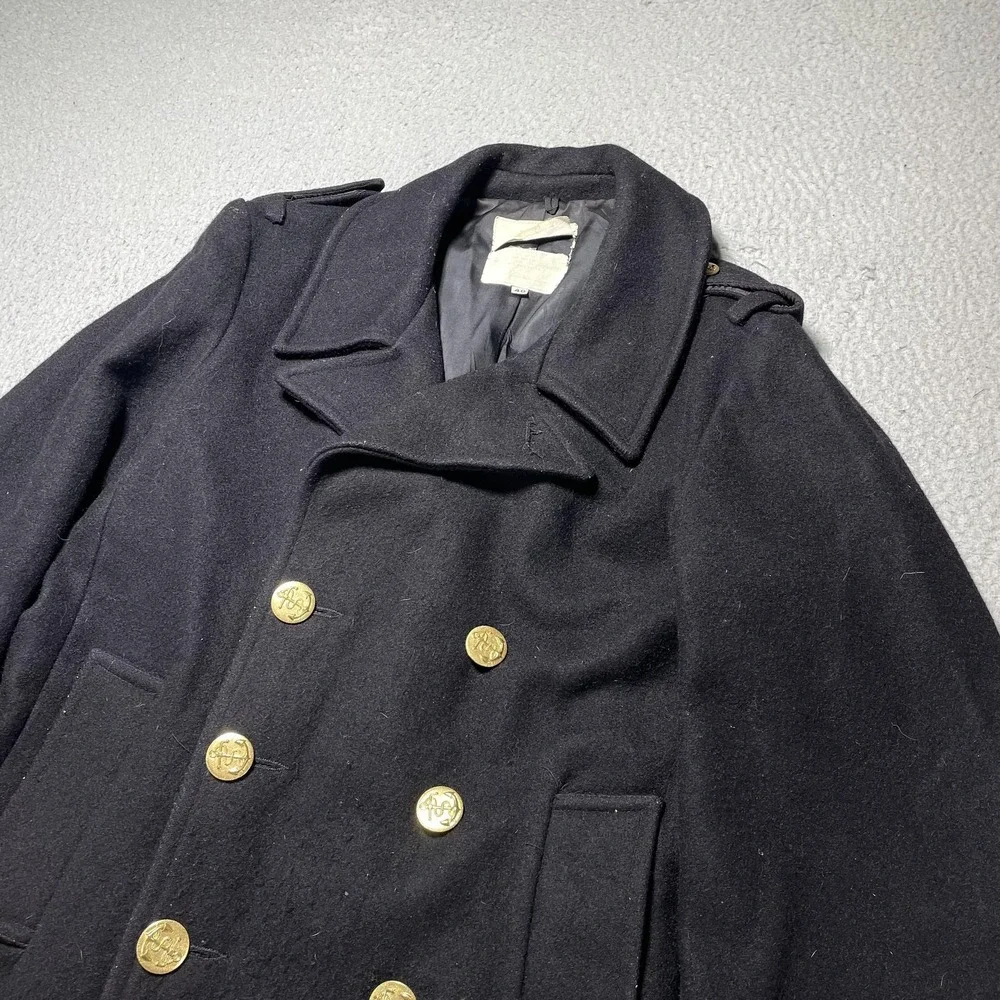Vintage USN Coat Mens 40 Black Wool Double Breasted Anchor Buttons Overcoat USA